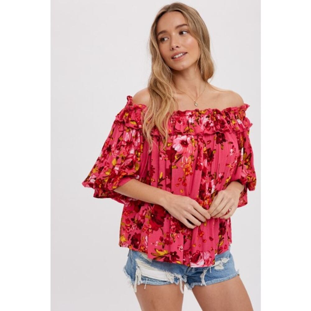 Floral Ruffle Neck Off The Shoulder Blouse LARGE - Picture 2 of 8